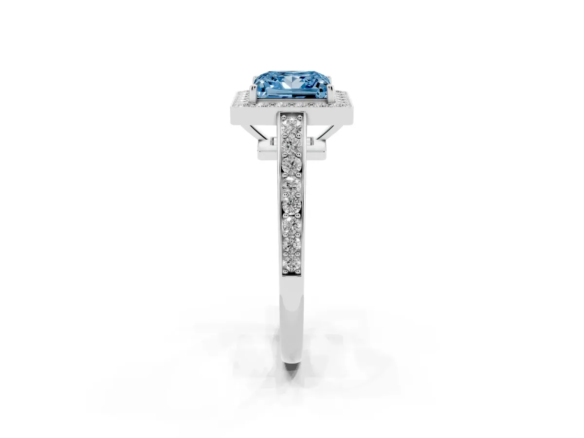 Fancy Blue Princess Cut Halo Pavé Diamond Engagement Ring with Bezel Setting Platinum