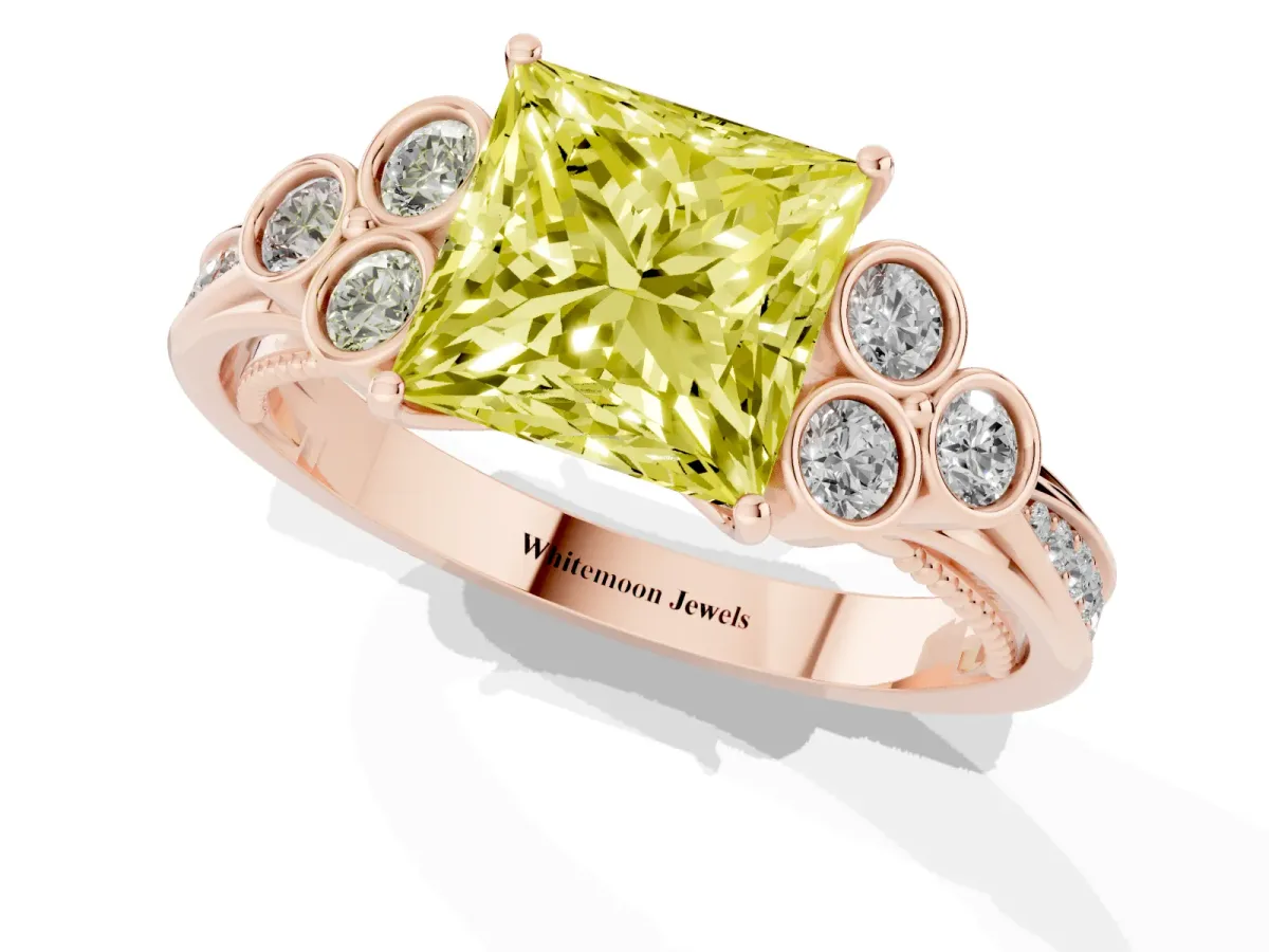 Fancy Yellow Princess Cut Cut Diamond Engagement Ring with Bezel Set Round Side Stones and Prong Setting Rose gold