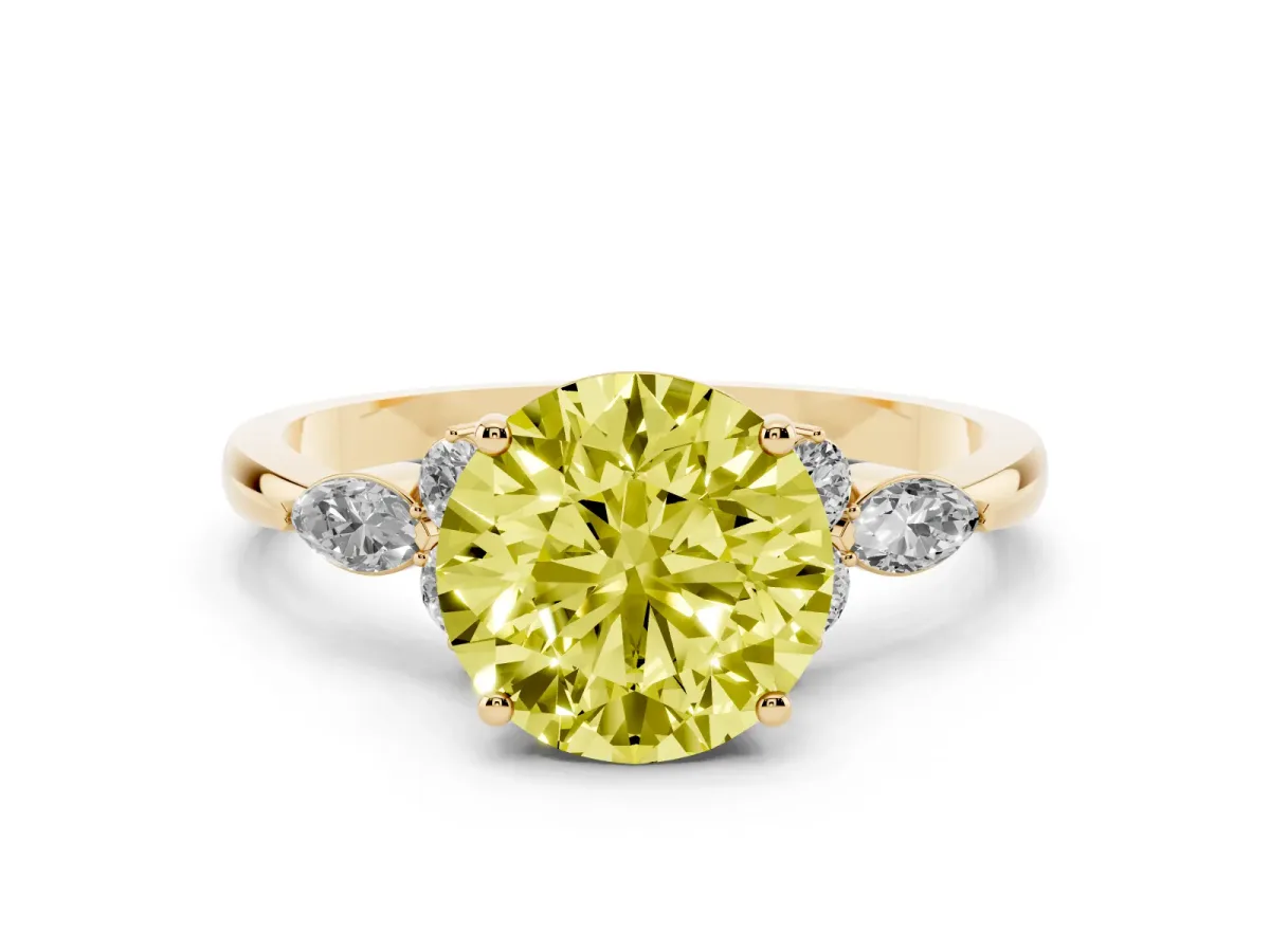 Fancy Yellow Round Cut Brilliant Diamond Solitaire Ring with Pear Side Stones and Four-Prong Setting Yellow gold