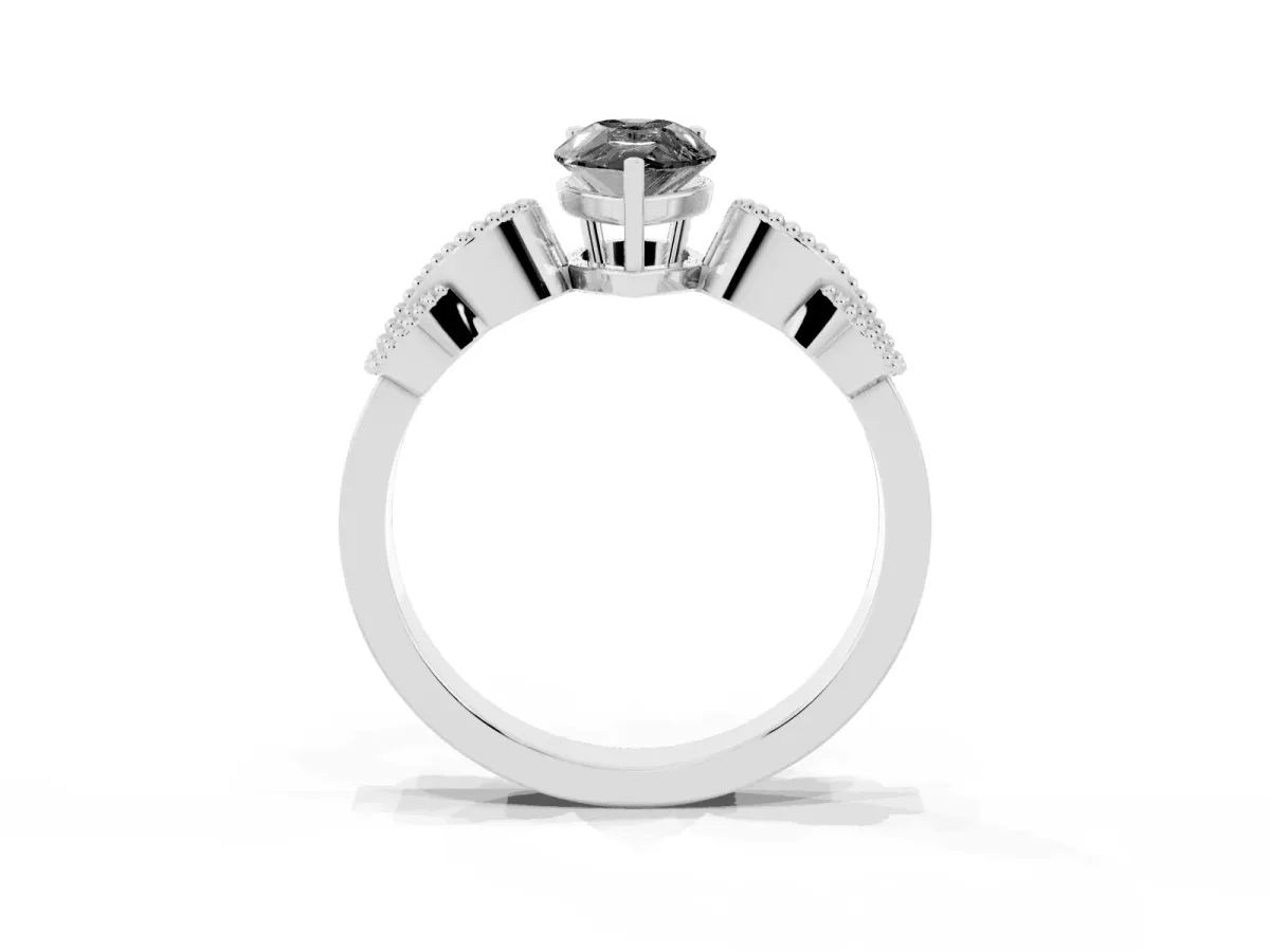 Fancy Black Pear Cut Solitaire Milgrain Leaf Band with Prong Setting Silver