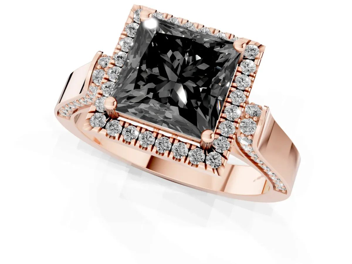 Fancy Black Princess Cut Halo Round Diamond Twist Band with Four-Prong Setting Rose gold