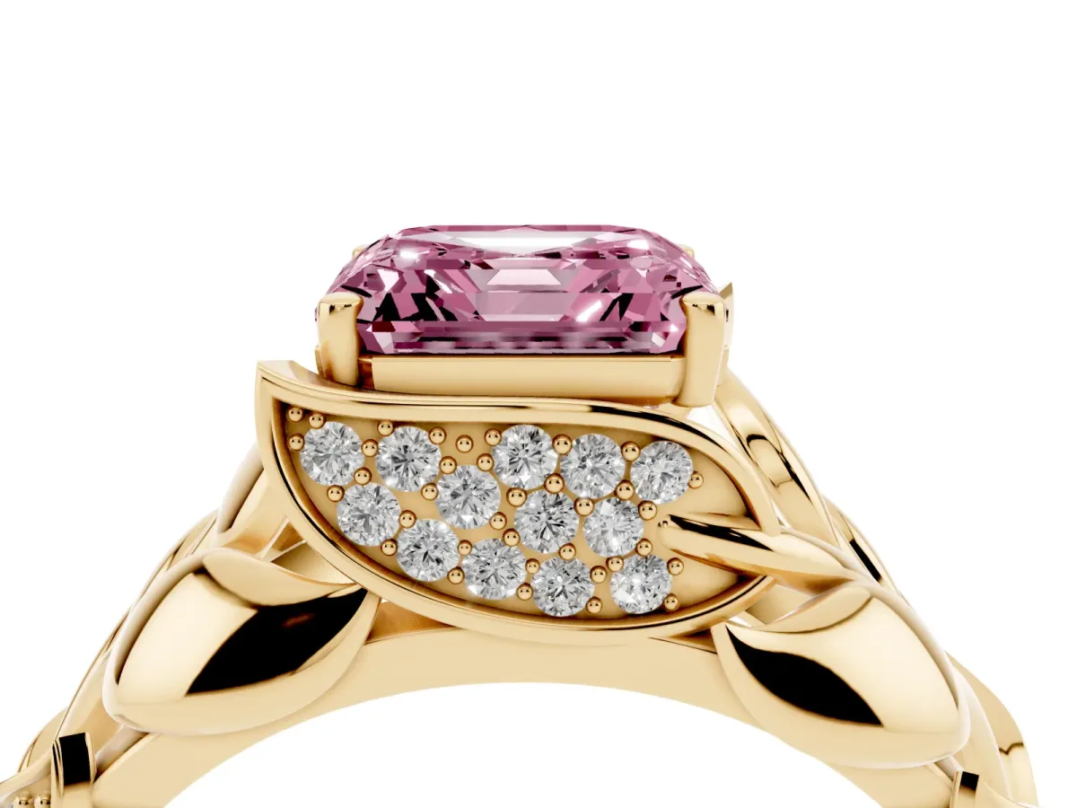 Fancy Pink Asscher Cut Diamond Leaf-Inspired Engagement Ring with Round Accents and Prong Setting Yellow gold
