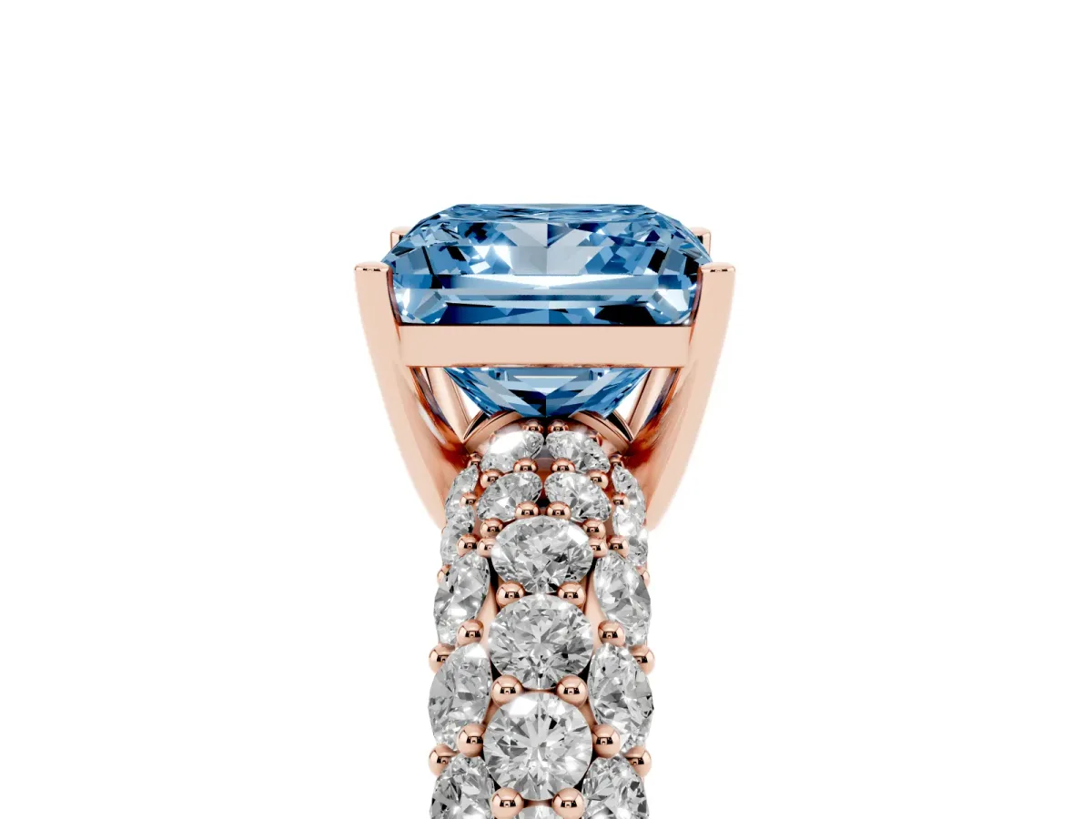 Fancy Blue Princess Cut Diamond Pavé Band Solitaire Ring with Four-Prong Setting Rose gold