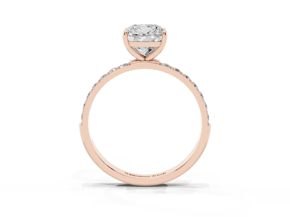 Cushion Cut Diamond Solitaire Ring with Round Pavé Shoulders and Prong Setting Rose gold