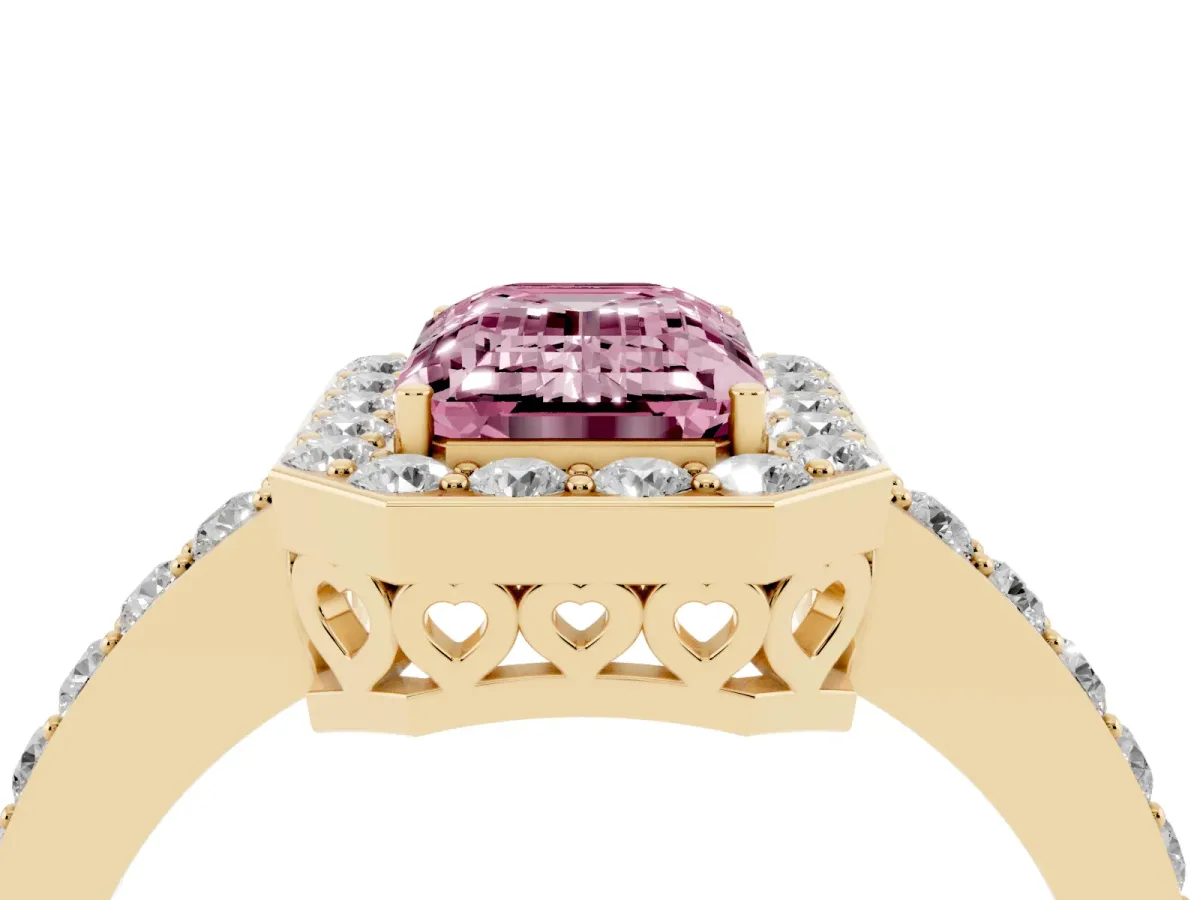 Fancy Pink Emerald Cut Halo Diamond Pavé Band Ring with Prong Setting Yellow gold