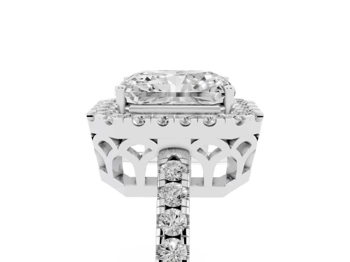 Radiant Cut Halo Diamond Engagement Ring with Pavé Band and Four-Prong Setting Silver