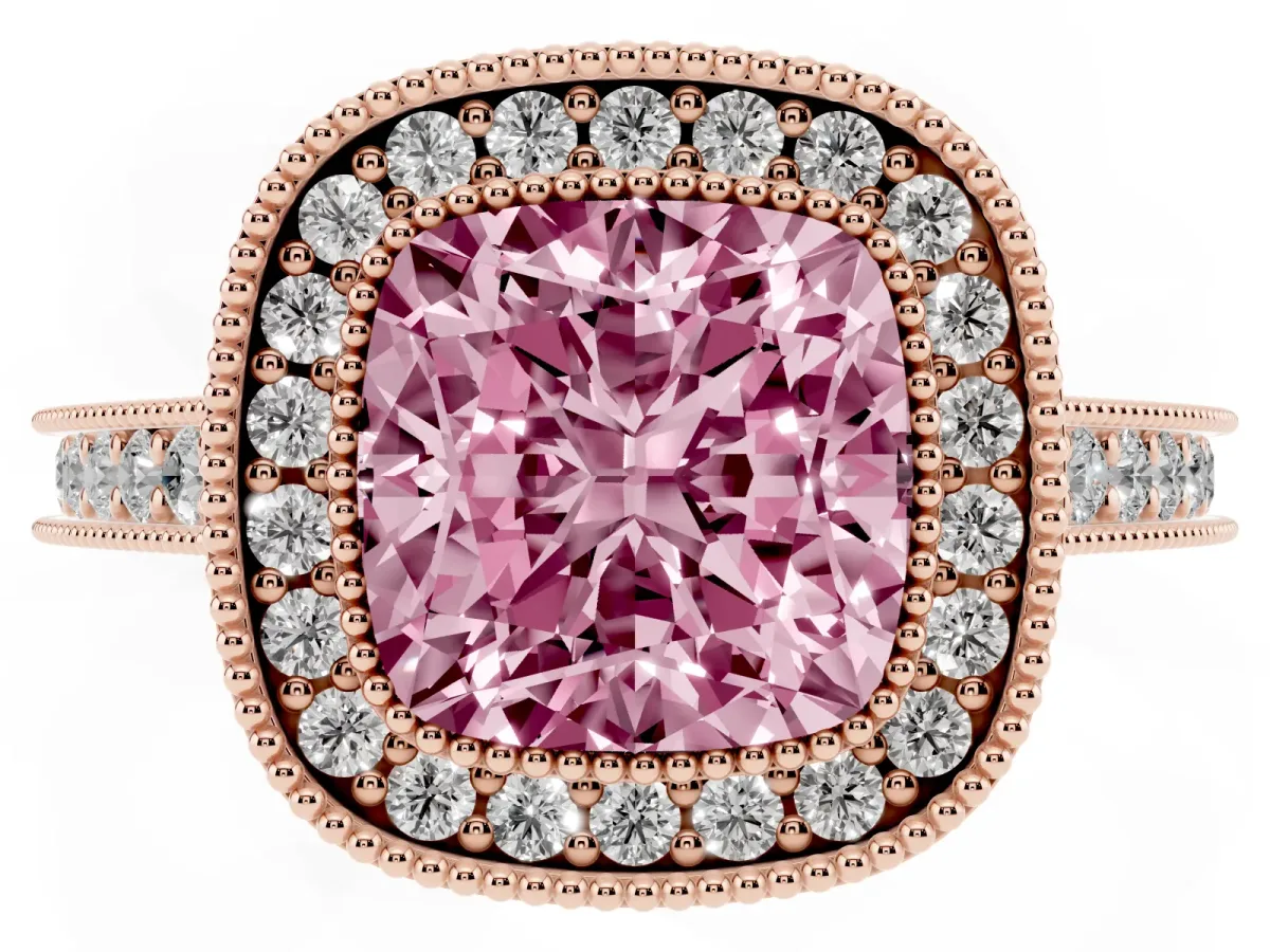 Fancy Pink Halo Cushion Cut-Cut Diamond Pave Band Milgrain Prong Setting Ring Rose gold