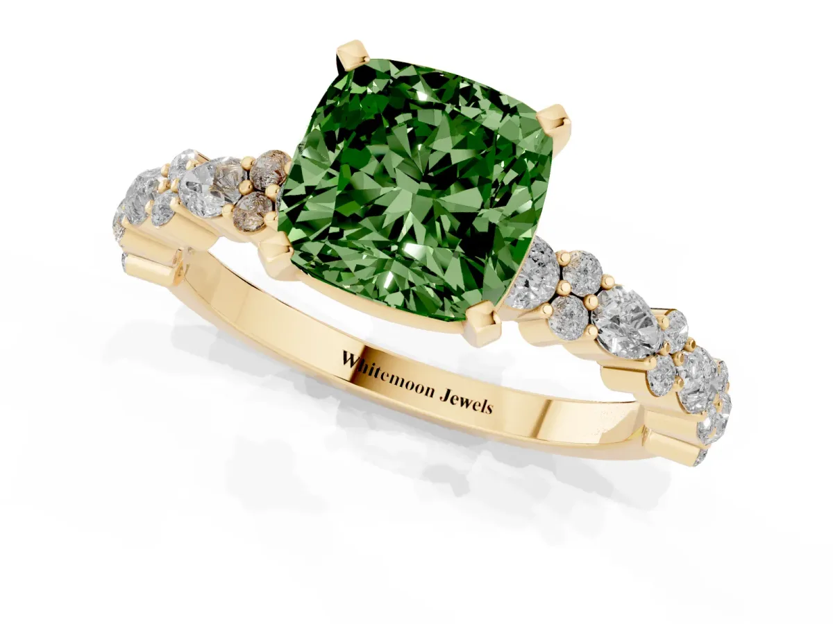 Fancy Green Cushion Cut Diamond Side Stone Solitaire Ring with Round and Four-Prong Setting Yellow gold