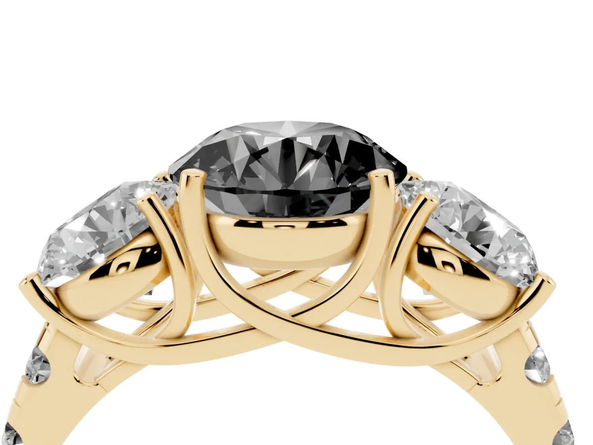 Fancy Black Three-Stone Round Cut Diamond Pavé Band with Prong Setting Yellow gold