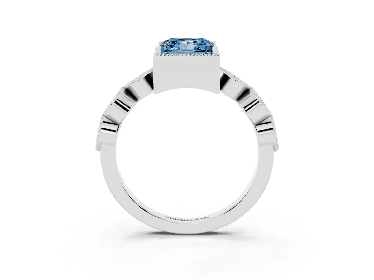 Fancy Blue Princess Cut Diamond Vintage Milgrain Ring with Round Stations Silver