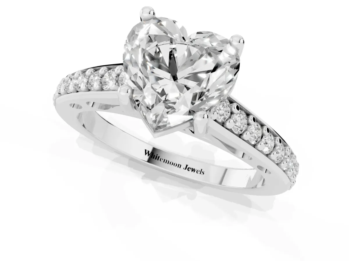 Heart Cut Solitaire Prong Set Diamond Engagement Ring with Pave Band Silver