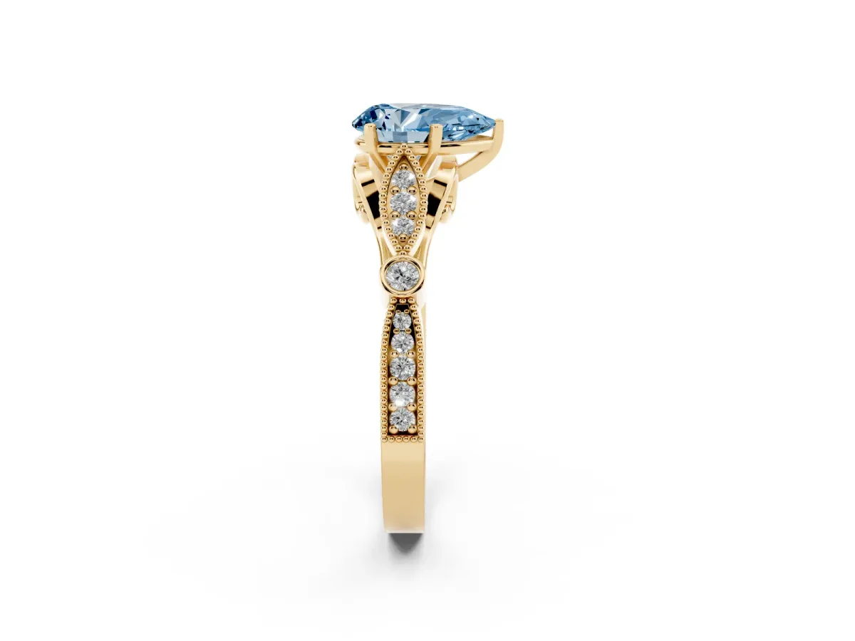 Fancy Blue Pear Cut Cut Diamond with Milgrain Marquise and Bezel Accents on a Solitaire Band with Prong Setting Yellow gold
