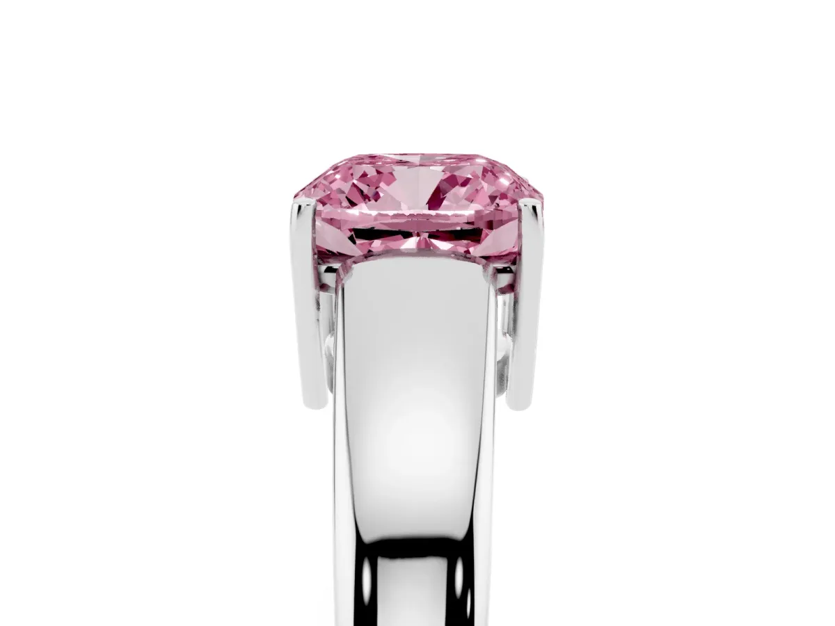Fancy Pink Cushion Cut Solitaire Diamond Ring with Tapered Band and Four-Prong Setting Silver