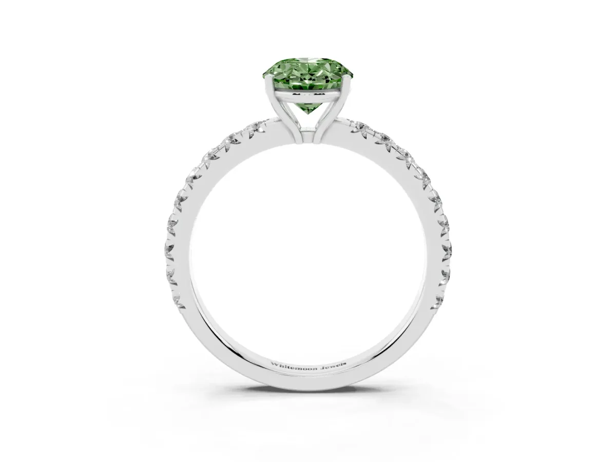 Fancy Green Oval Cut Diamond Pavé Solitaire Engagement Ring with Four-Prong Setting Platinum