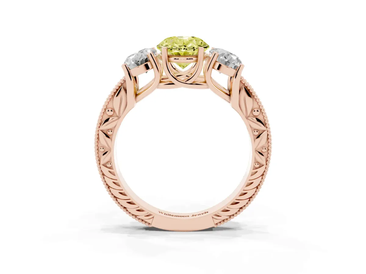 Fancy Yellow Three-Stone Oval Cut Cut Milgrain Pavé Engagement Ring Rose gold
