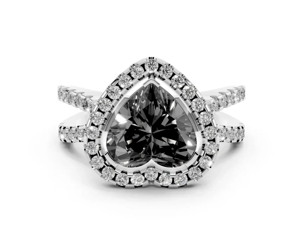 Fancy Black Heart Cut Diamond Halo Ring with Split Shank Pavé Band and Prong Setting White gold