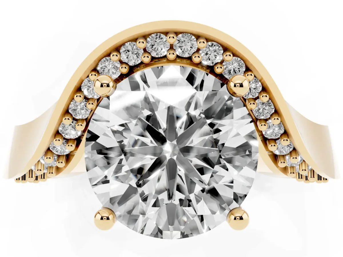 Round Cut Solitaire Diamond Engagement Ring with Pave Band and Four-Prong Setting Yellow gold