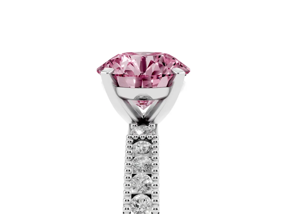 Fancy Pink Round Cut Solitaire with Pavé Band and Four-Prong Setting Silver
