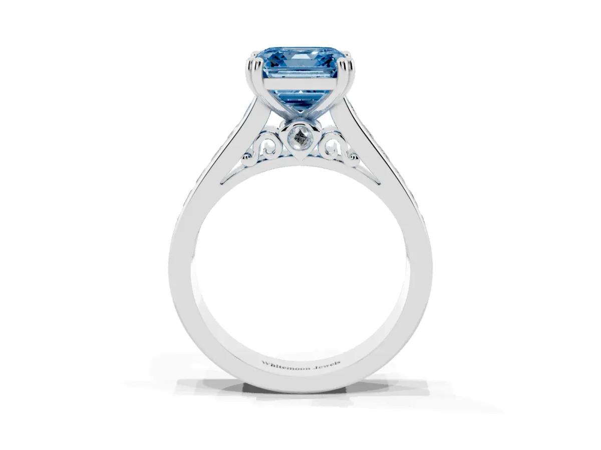 Fancy Blue Asscher Cut Cut Channel Set Solitaire Engagement Ring with Prong Setting Silver