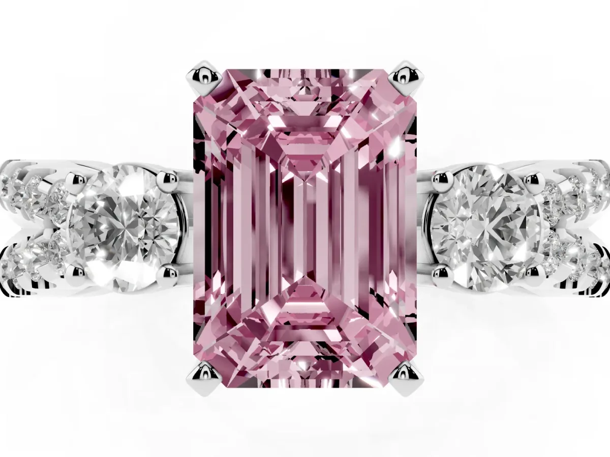 Fancy Pink Emerald Cut Diamond Three-Stone Ring with Pavé Split Shank and Four-Prong Setting Silver
