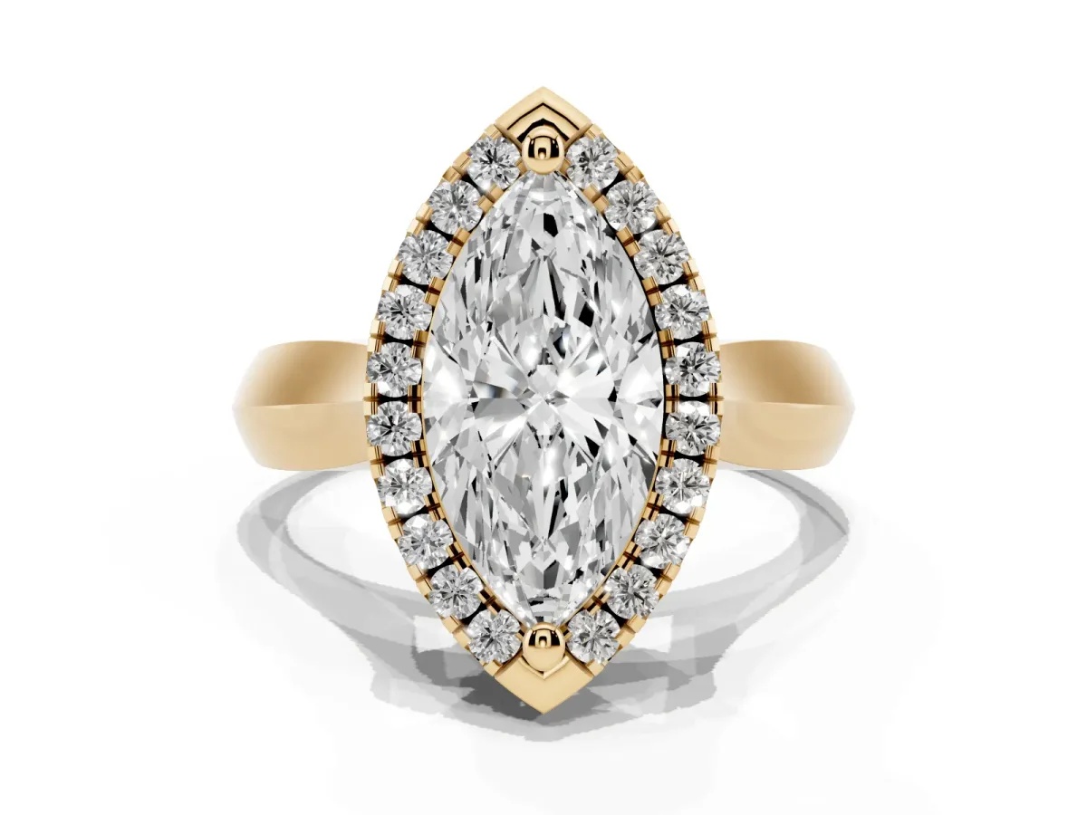 Marquise Cut Cut Halo Solitaire Engagement Ring with Square Band and Four-Prong Setting Yellow gold