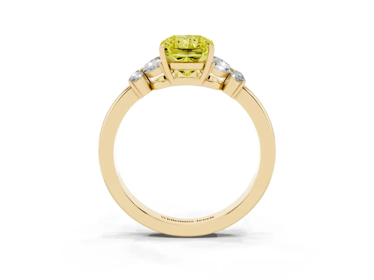 Fancy Yellow Radiant Cut Cut Solitaire Floral Diamond Ring with Four-Prong Setting Yellow gold