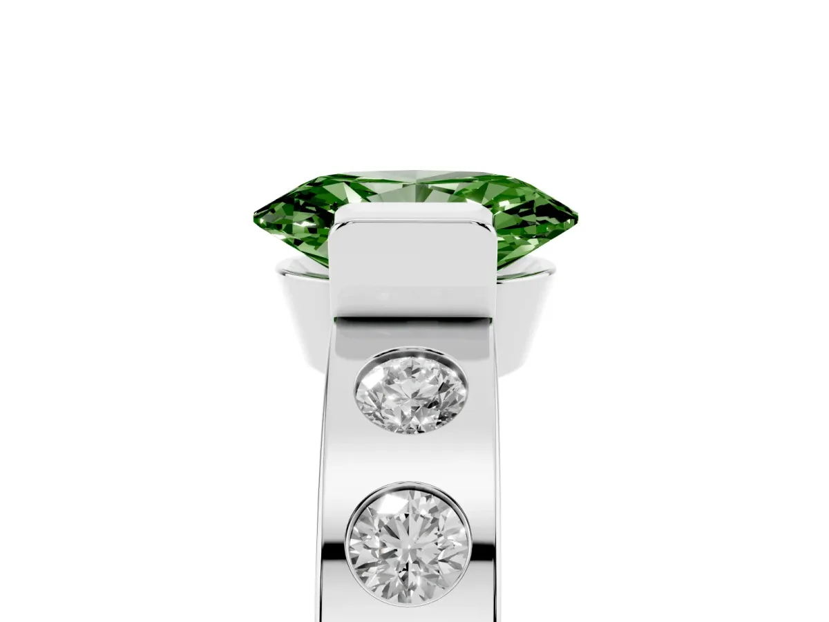 Fancy Green Oval Cut Brilliant Channel-Set Diamond Ring with Bezel Prong Setting Silver