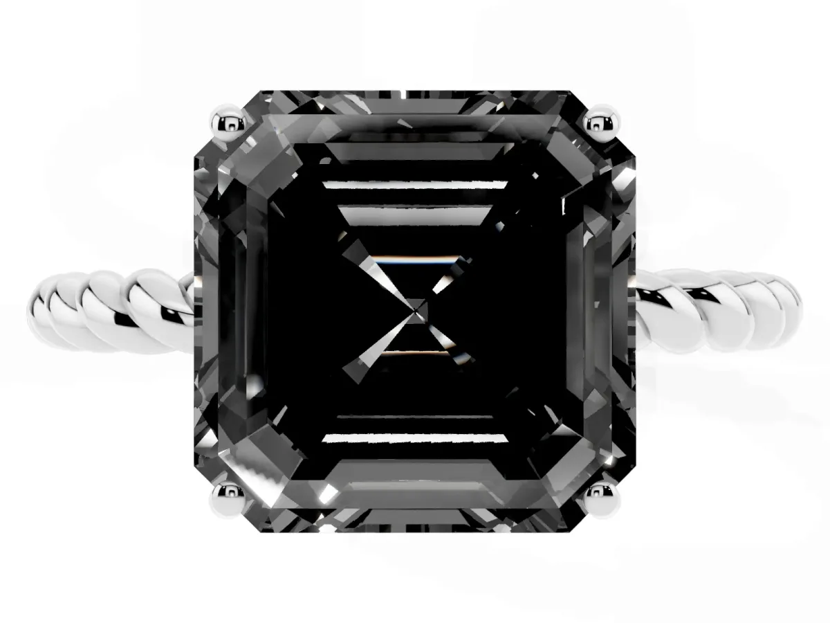 Fancy Black Asscher Cut Solitaire Twisted Band 4-Prong Ring Silver