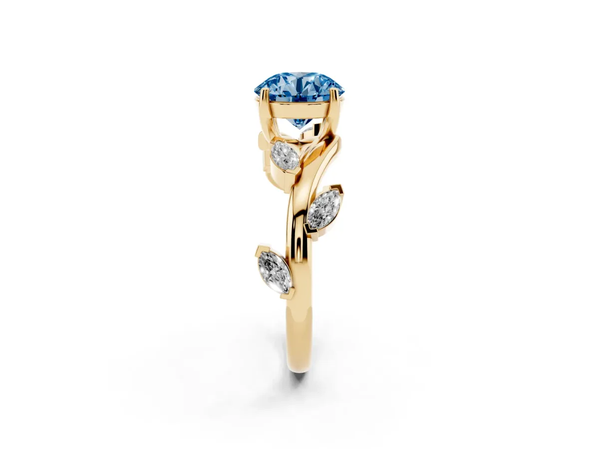 Fancy Blue Round Cut Solitaire Twisted Band Marquise Accent Prong Setting Ring Yellow gold