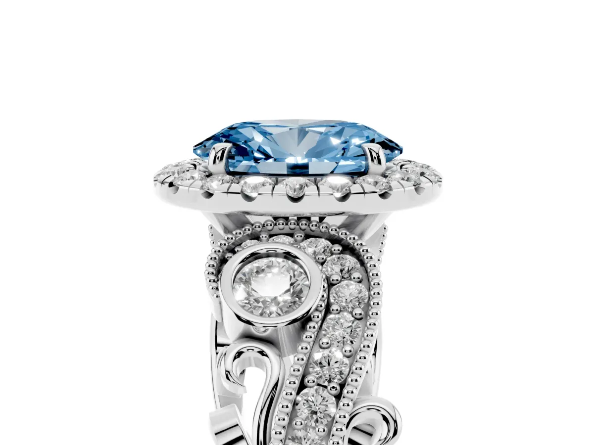 Fancy Blue Oval Cut Halo Diamond Ring with Milgrain and Bezel Accents on a Split Shank Band White gold