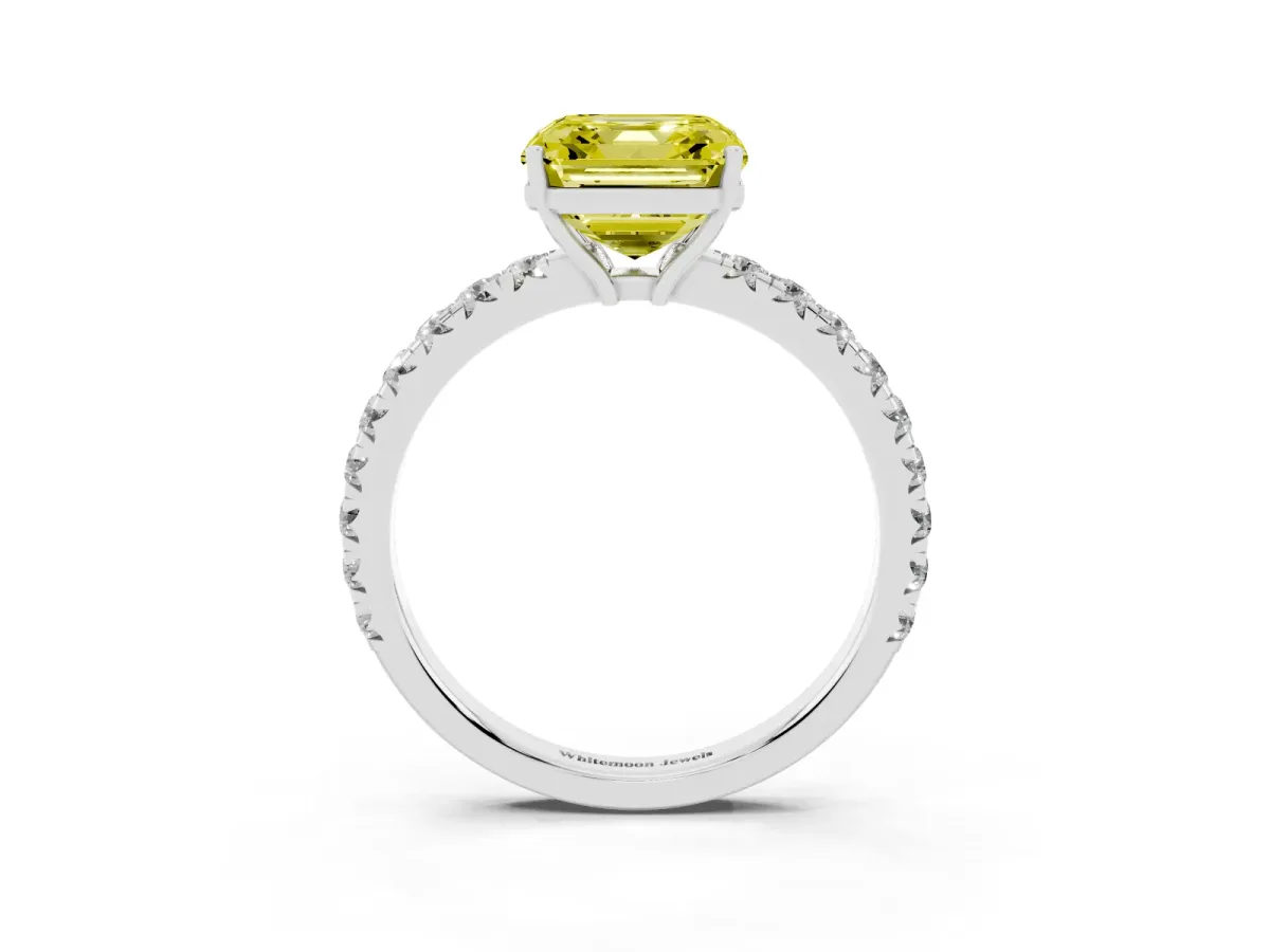Fancy Yellow Asscher Cut Diamond Pavé Solitaire Engagement Ring with Four-Prong Setting Silver