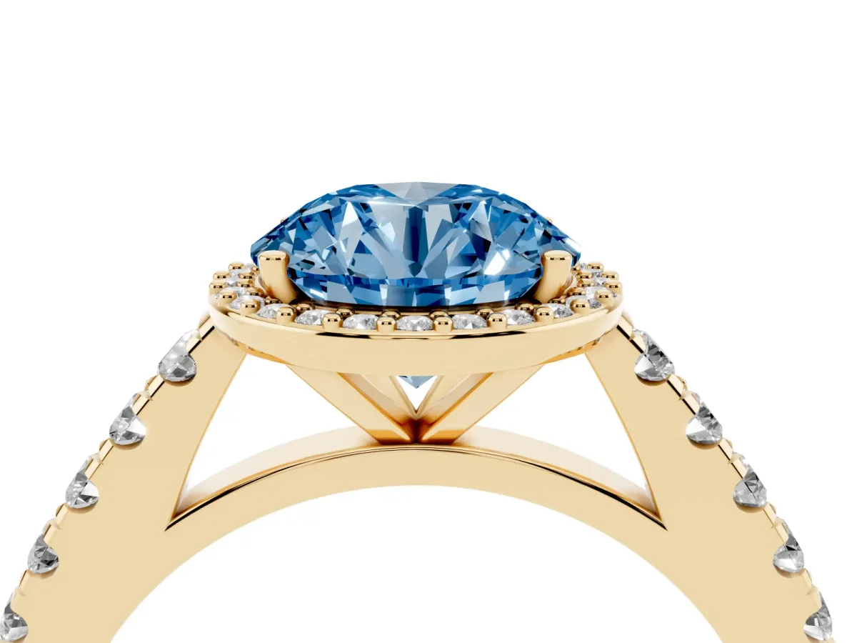 Fancy Blue Round Cut Cut Halo Diamond Engagement Ring with Pave Band and Four-Prong Setting Yellow gold