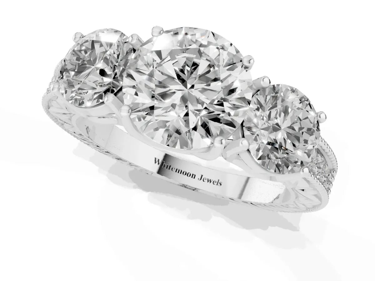 Three-Stone Round Cut Cut Milgrain Pavé Engagement Ring Silver