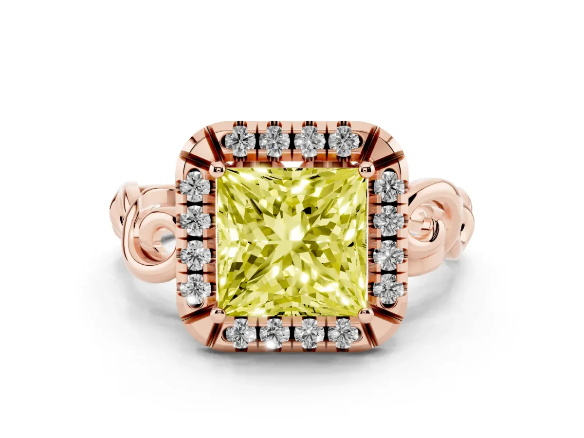 Fancy Yellow Princess Cut Cut Halo Diamond Ring with Scrollwork Band and Four-Prong Setting Rose gold