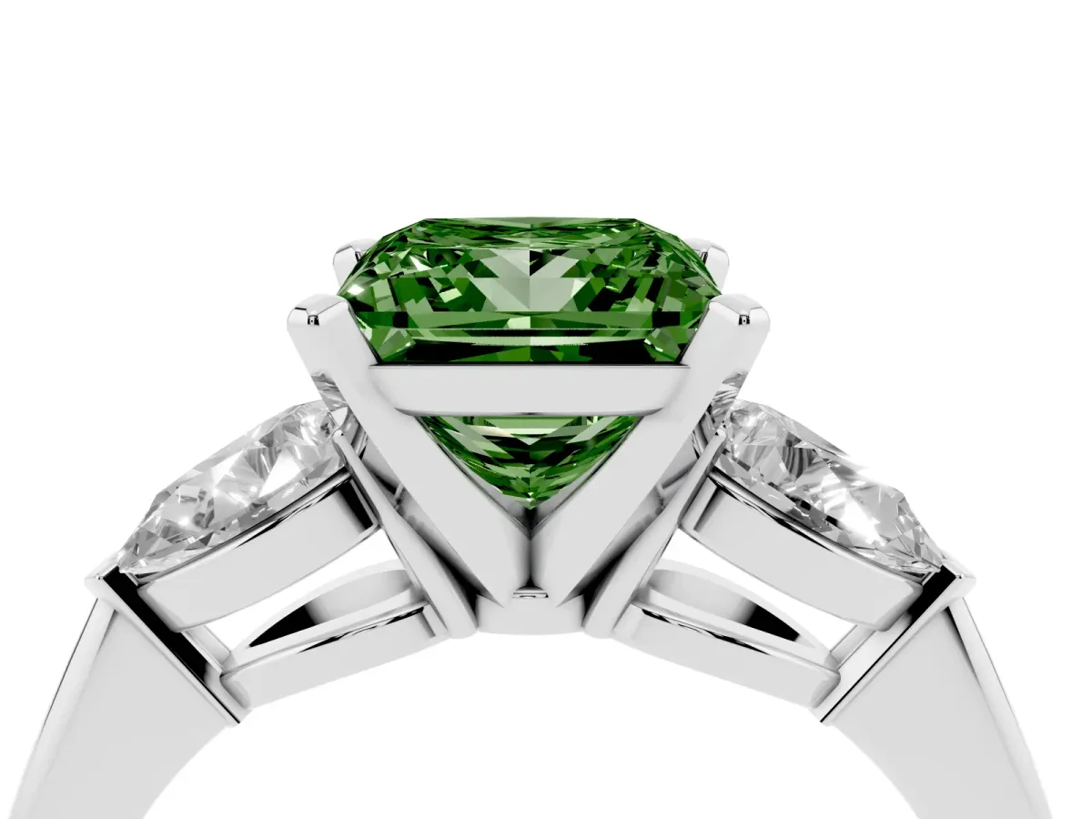 Fancy Green Three-Stone Princess Cut Diamond Ring with Pear Side Stones and Four-Prong Setting Silver