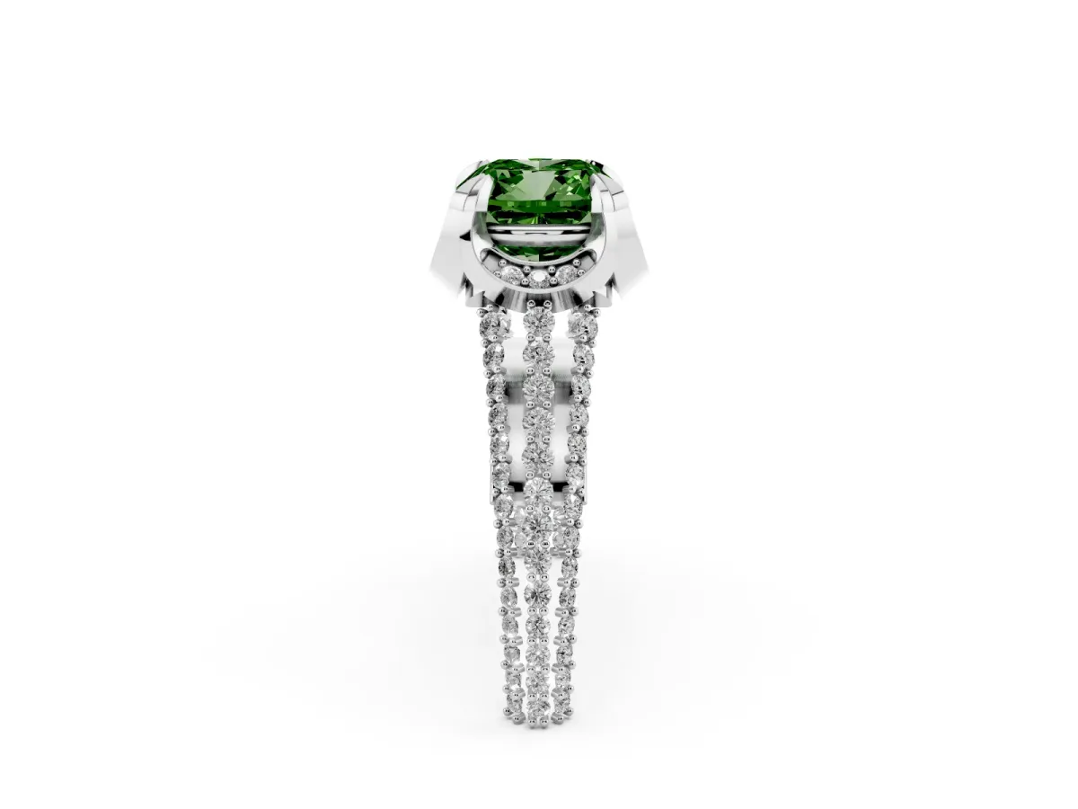 Fancy Green Cushion Cut Solitaire Pave Split Shank Ring with Four-Prong Setting Silver