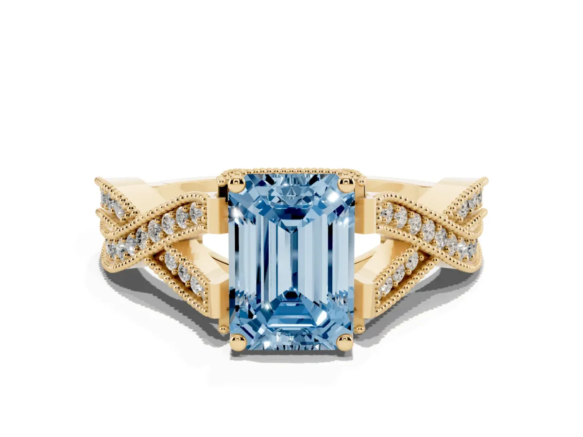 Fancy Blue Emerald Cut Cut Diamond Twisted Band with Milgrain Pave Setting and Four-Prong Setting Yellow gold
