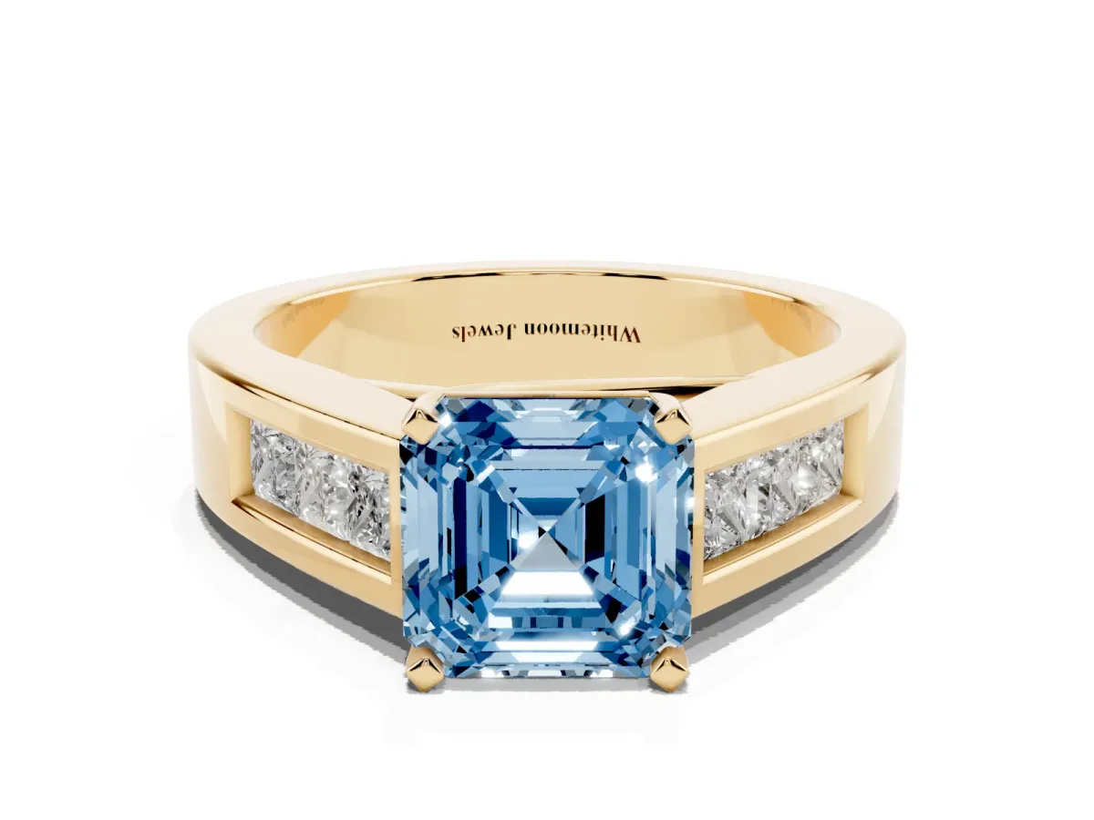 Fancy Blue Asscher Cut Cut Channel Set Solitaire Ring with Four-Prong Setting Yellow gold