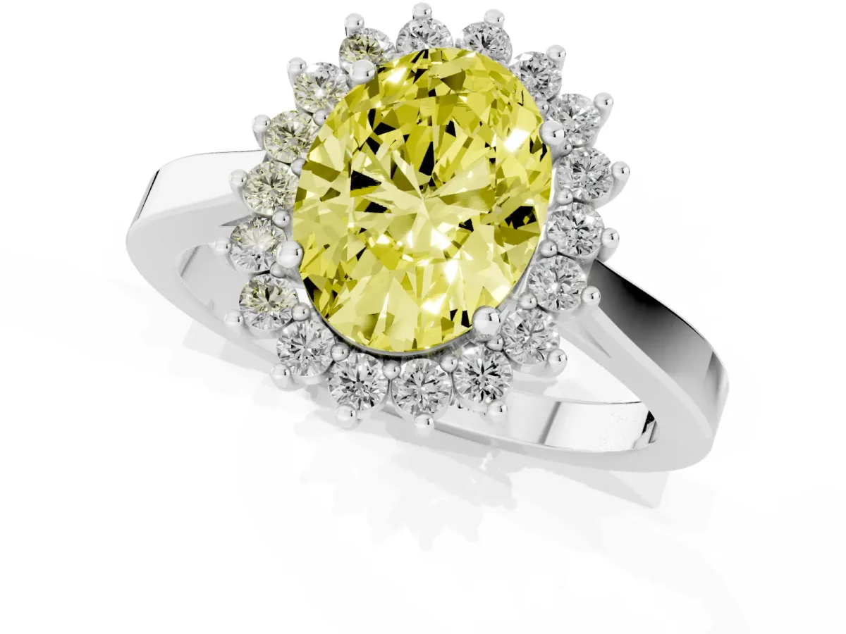 Fancy Yellow Oval Cut Cut Diamond Halo Ring with Round Brilliant Halo and Solitaire Band Silver