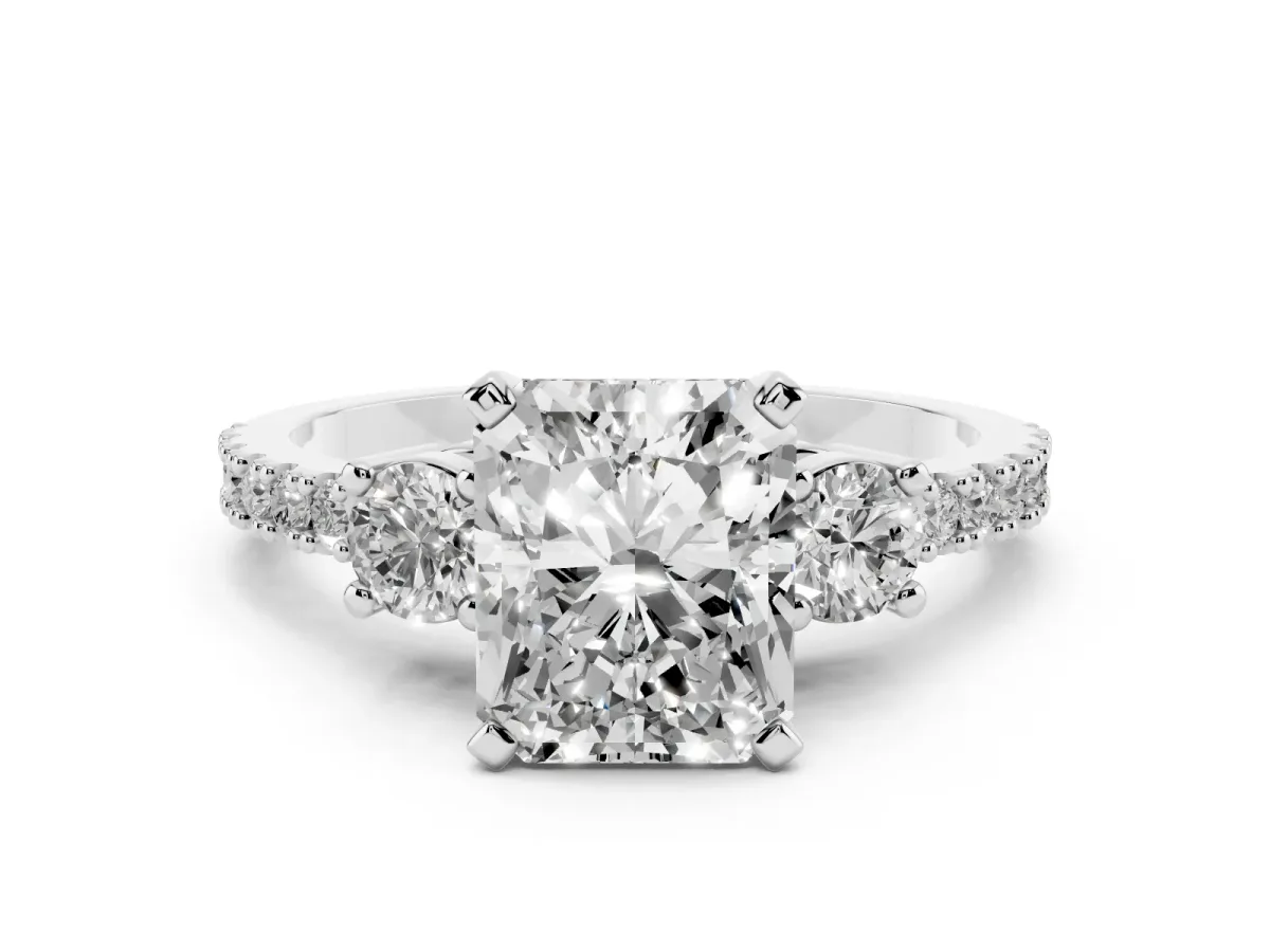 Radiant Cut Three-Stone Diamond Pavé Band with Prong Setting Platinum
