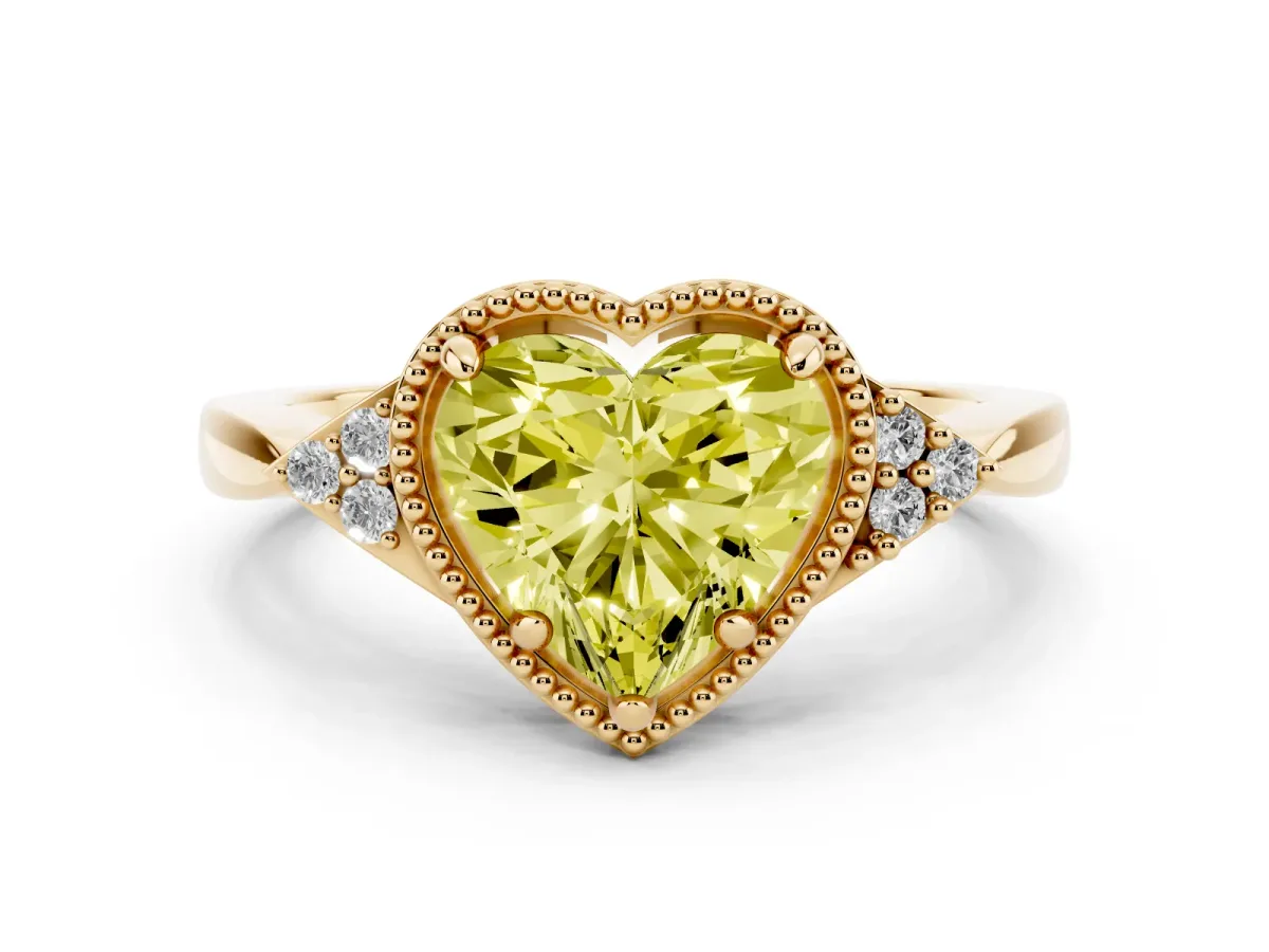 Fancy Yellow Heart Cut Diamond Halo Ring with Tapered Band and Four-Prong Setting Yellow gold