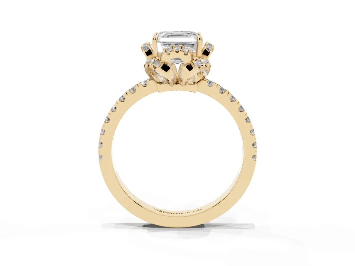 Asscher Cut Halo Diamond Pave Band Ring with Four-Prong Setting Yellow gold