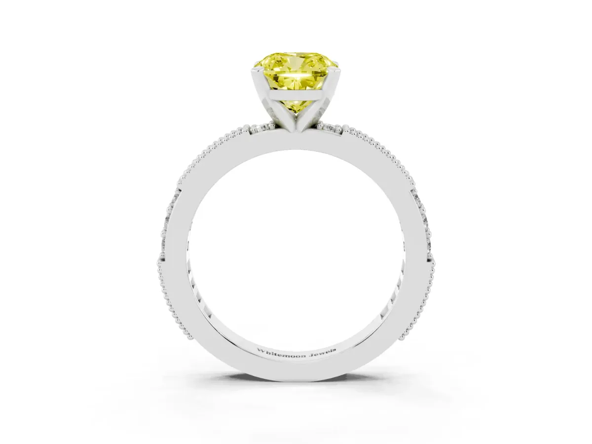 Fancy Yellow Cushion Cut Solitaire with Pavé Band and Four-Prong Setting Silver