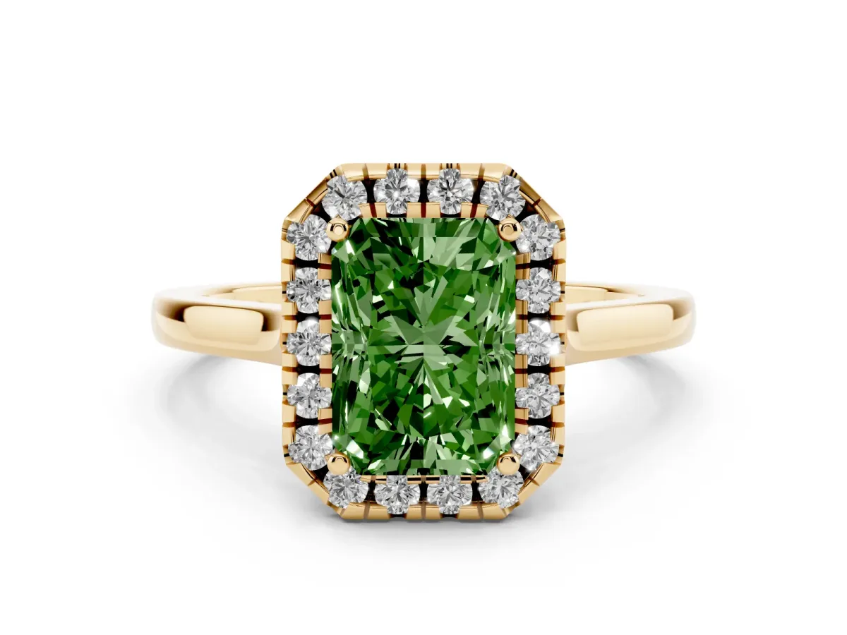 Fancy Green Radiant Cut Halo Round Diamond Solitaire Ring with Pavé Band and Four-Prong Setting Yellow gold