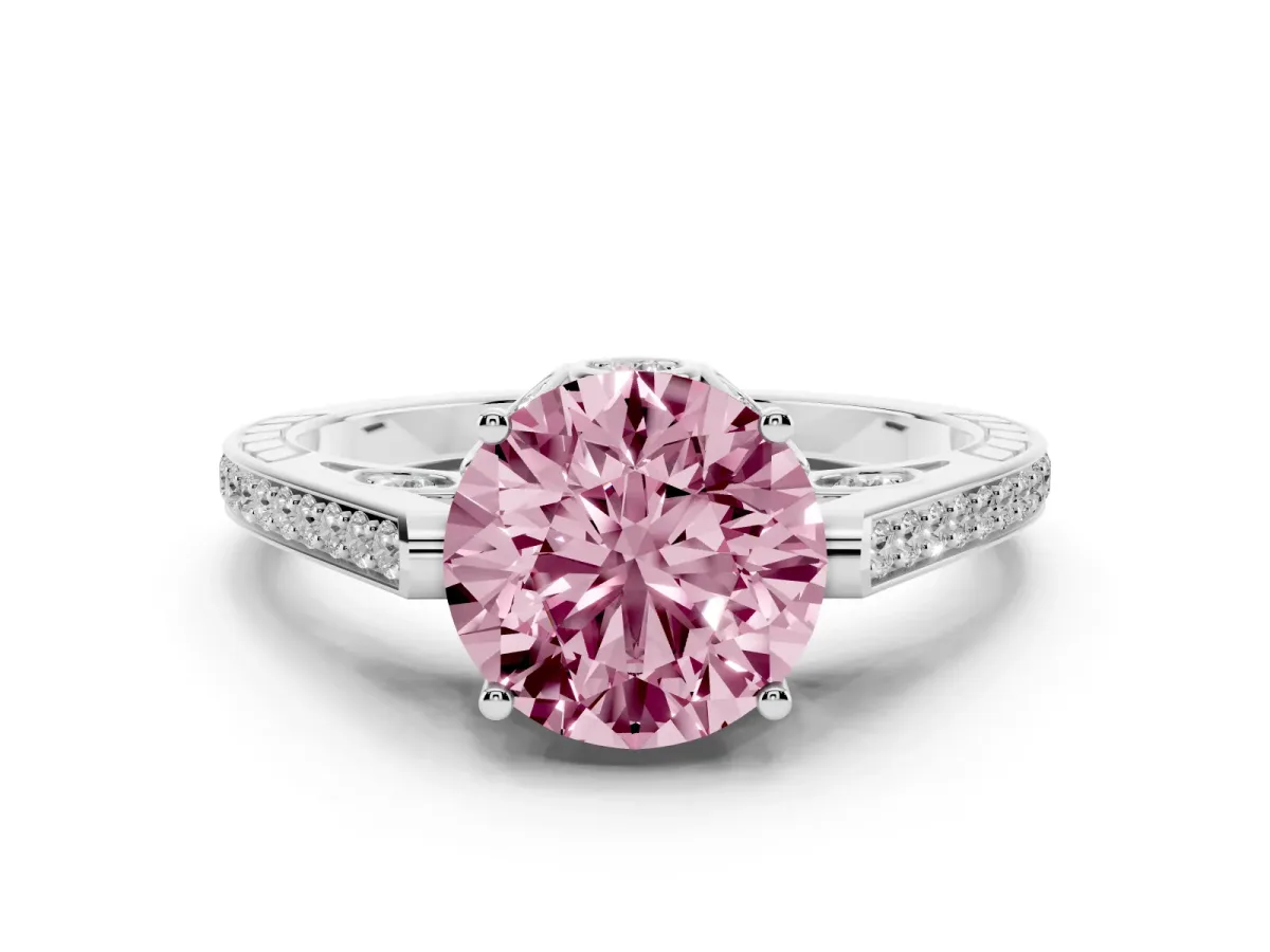 Fancy Pink Round Cut Cut Cathedral Pave Diamond Engagement Ring with Six-Prong Setting Silver