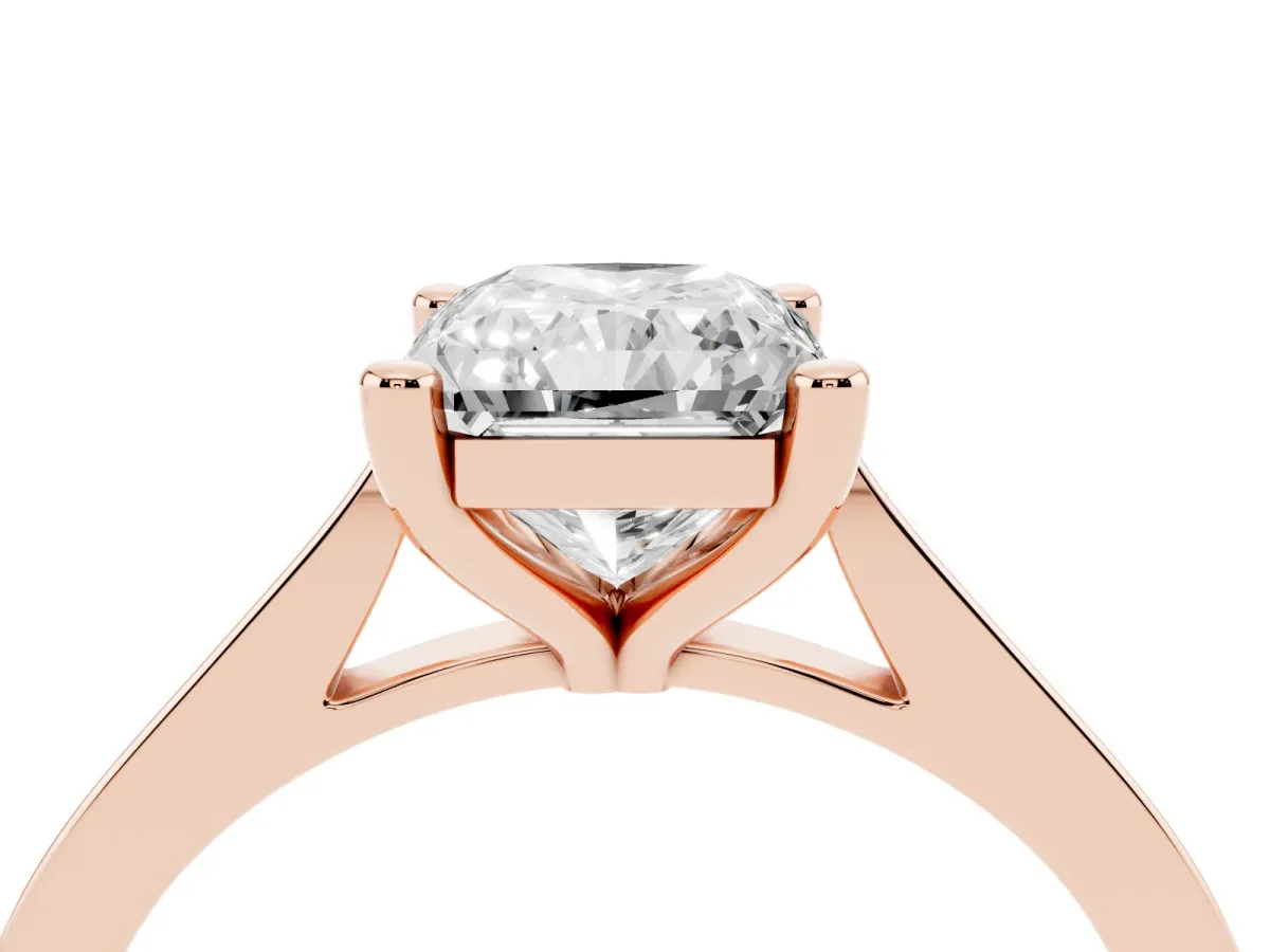 Radiant Cut Solitaire Diamond Ring with Four-Prong Setting and Tapered Band Rose gold