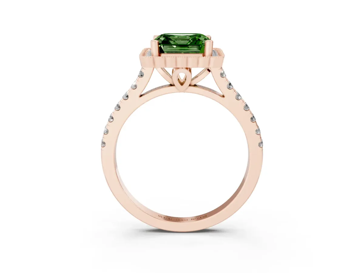 Fancy Green Asscher Cut Cut Diamond Milgrain Floral Halo Engagement Ring with Pavé Band Rose gold