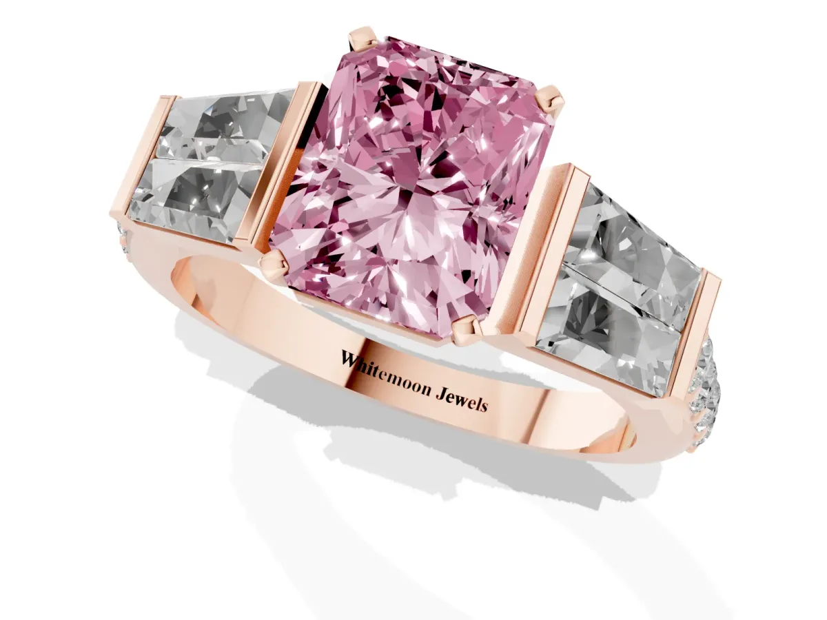 Fancy Pink Radiant Cut Diamond Engagement Ring with Baguette Side Stones and Channel Set Band Rose gold