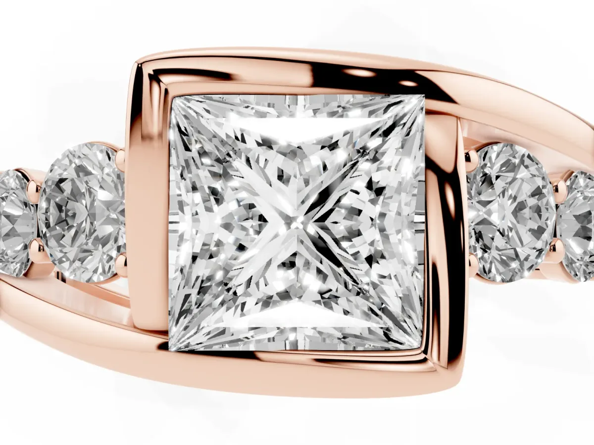 Bezel Set Princess Cut Diamond Bypass Ring with Round Accents Rose gold