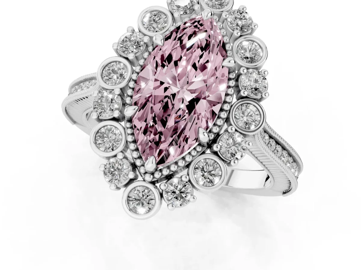 Fancy Pink Marquise Cut Halo Milgrain Pave Diamond Ring with Four-Prong Setting Platinum
